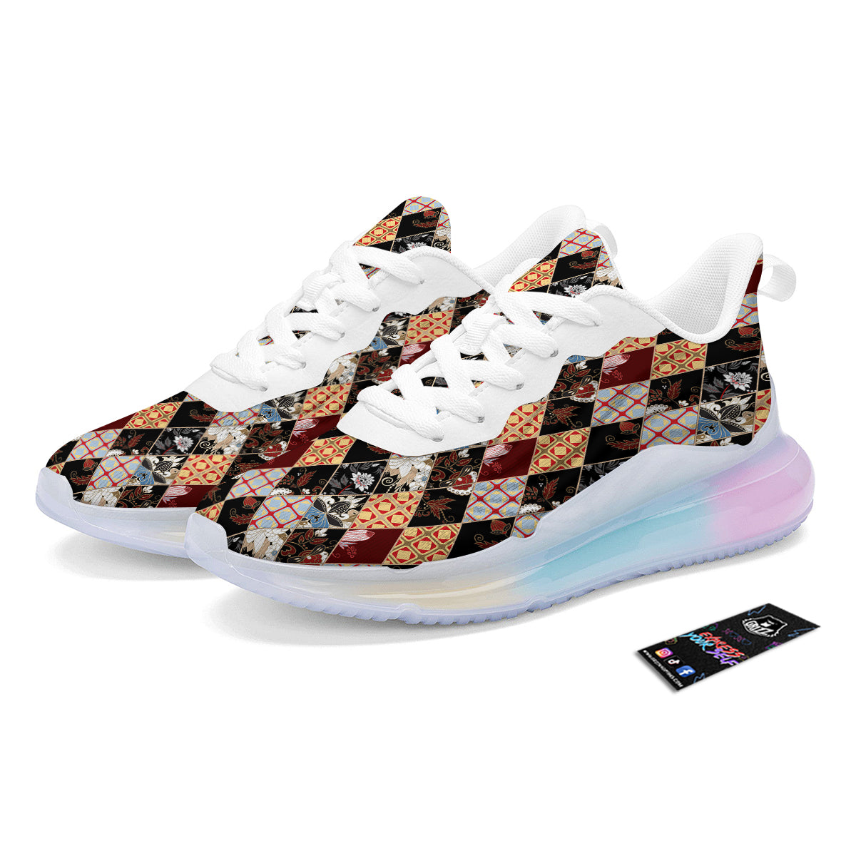 Abstract Patchwork Floral Print Pattern Running Sneakers-grizzshop