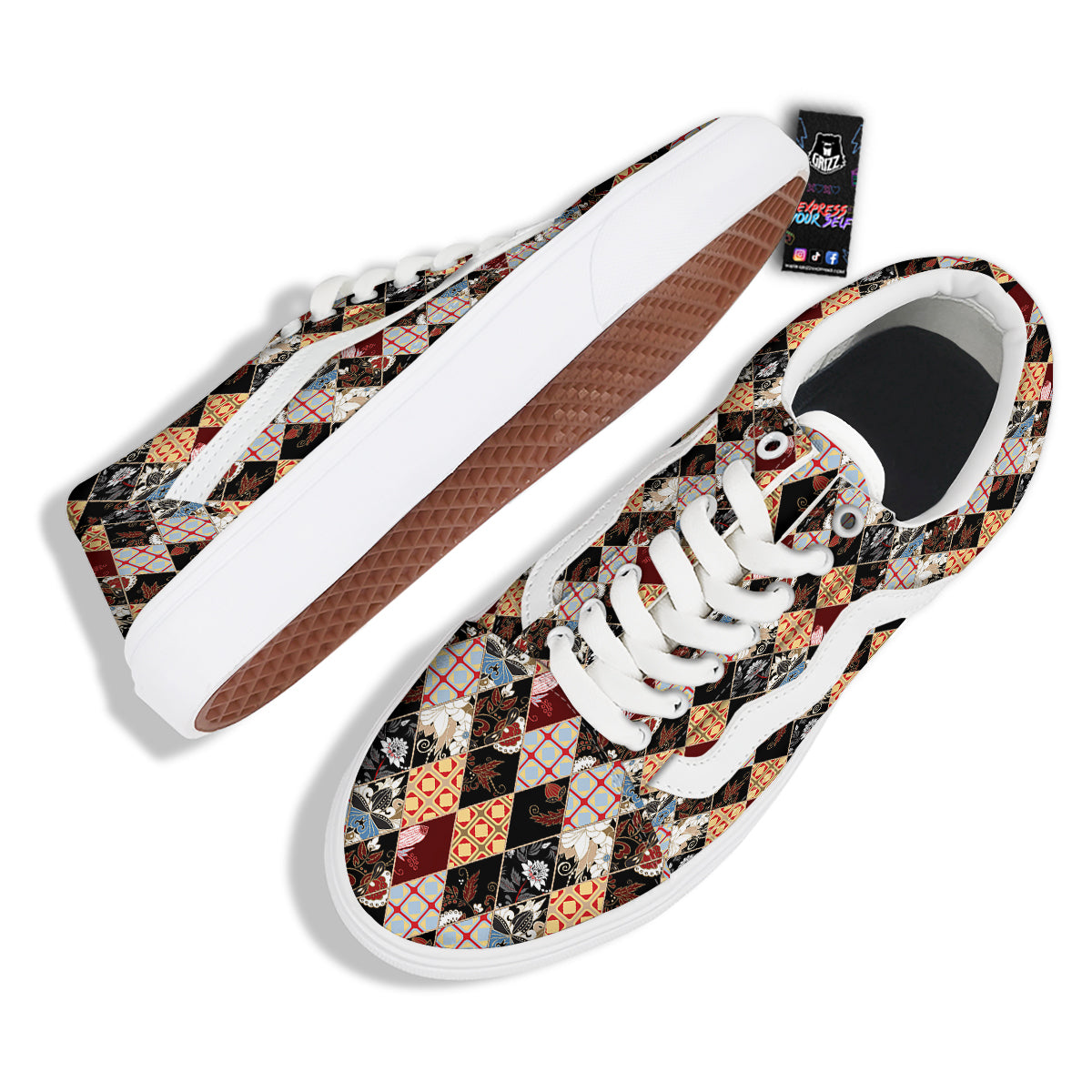 Abstract Patchwork Floral Print Pattern Skate Shoes-grizzshop