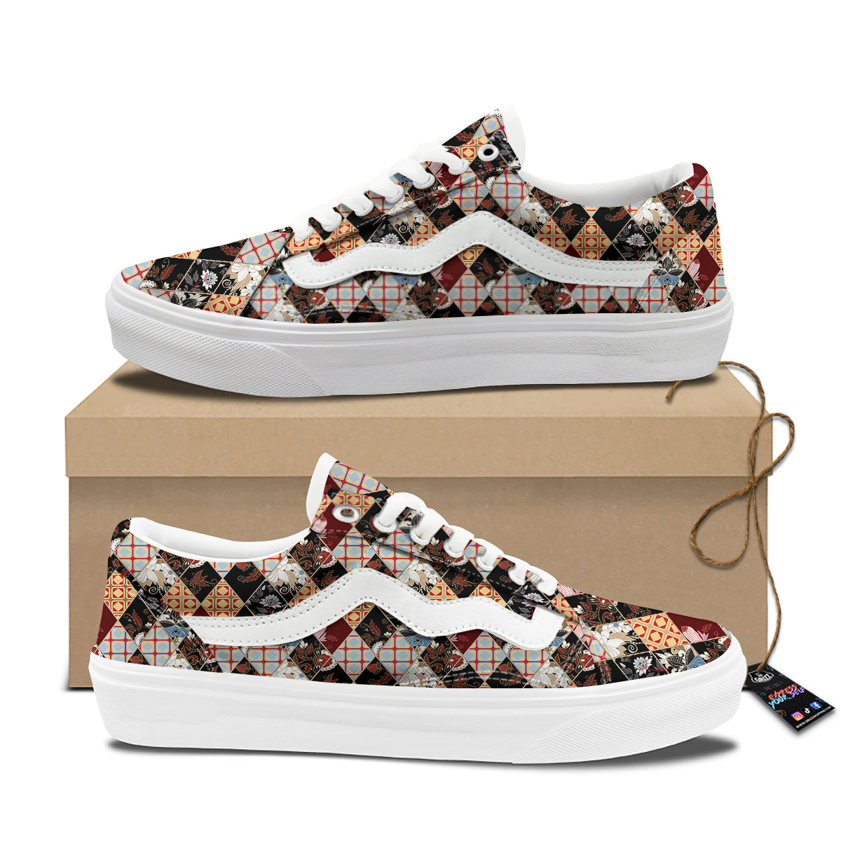 Abstract Patchwork Floral Print Pattern Skate Shoes-grizzshop