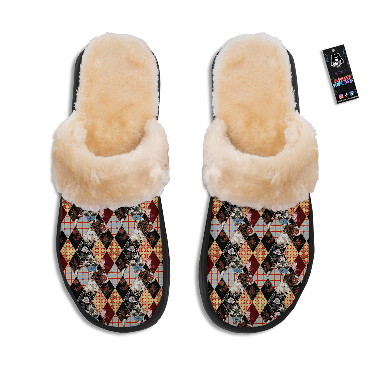 Abstract Patchwork Floral Print Pattern Slippers-grizzshop