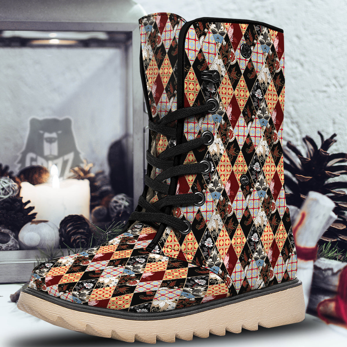 Abstract Patchwork Floral Print Pattern Snow Boots-grizzshop