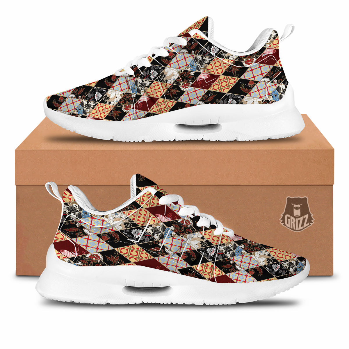 Abstract Patchwork Floral Print Pattern Tennis Shoes-grizzshop