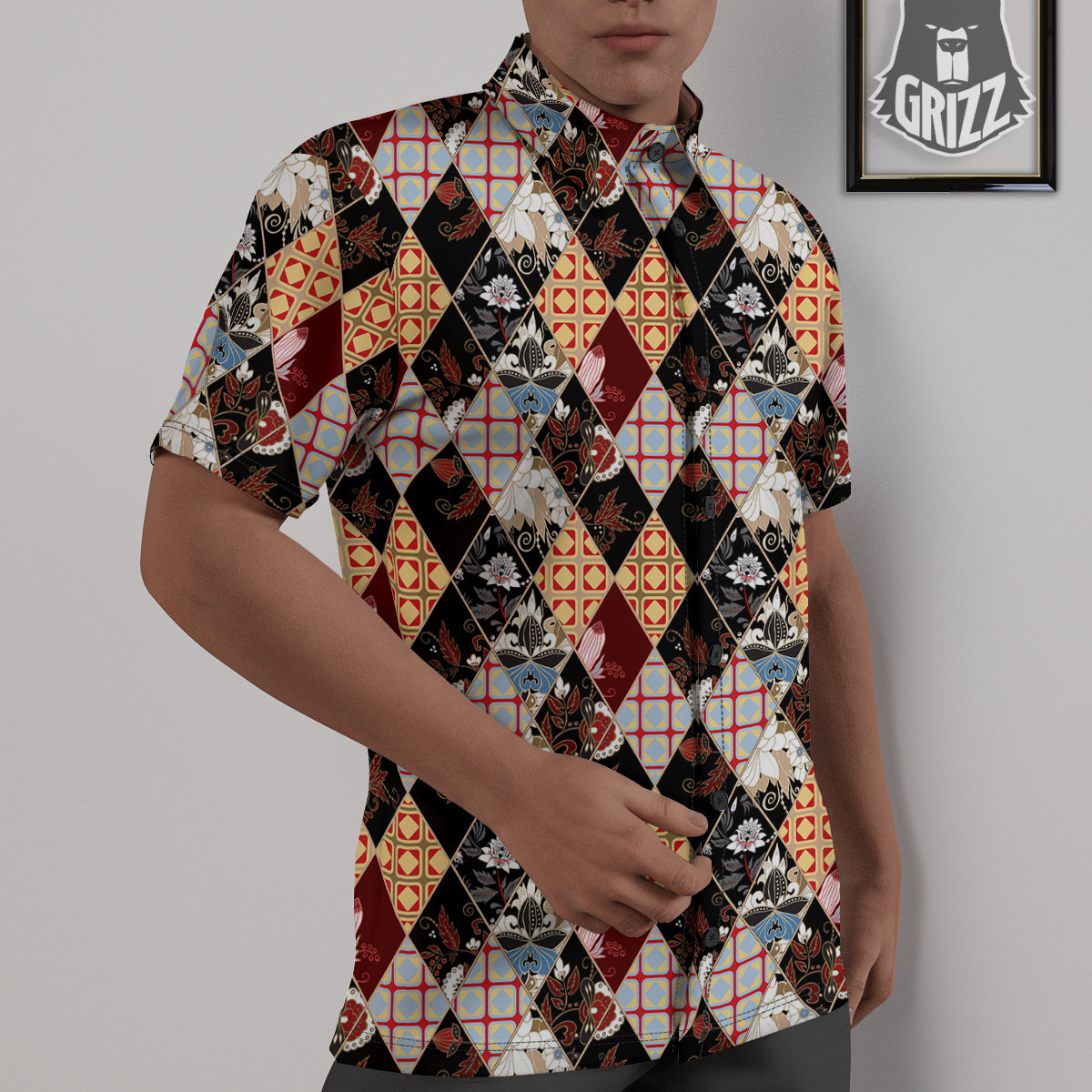 Abstract Patchwork Floral Print Pattern Untucked Shirts-grizzshop