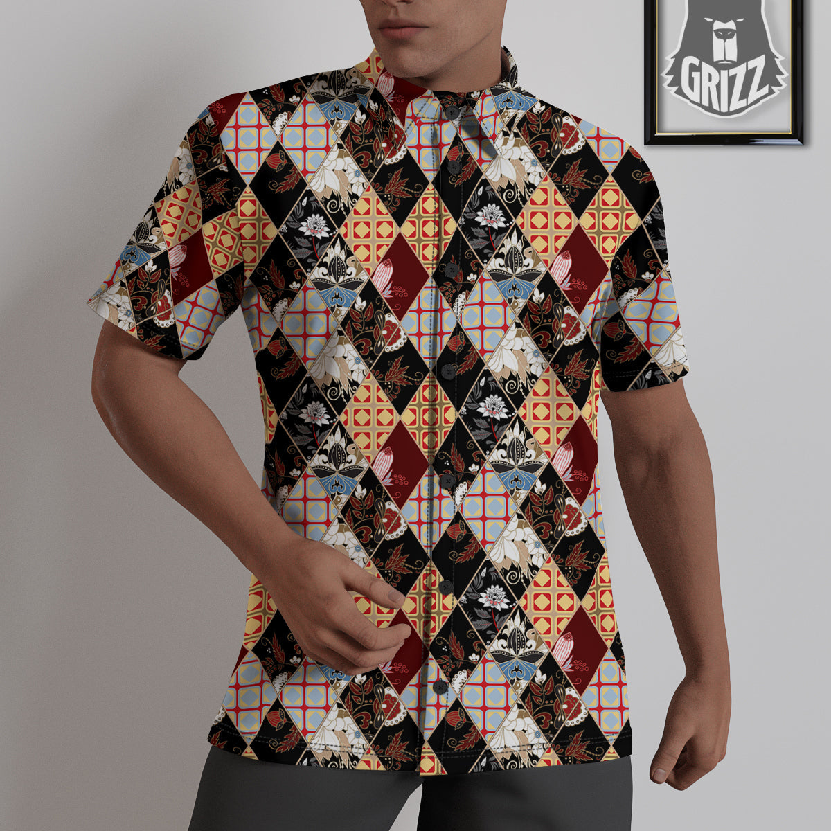 Abstract Patchwork Floral Print Pattern Untucked Shirts-grizzshop