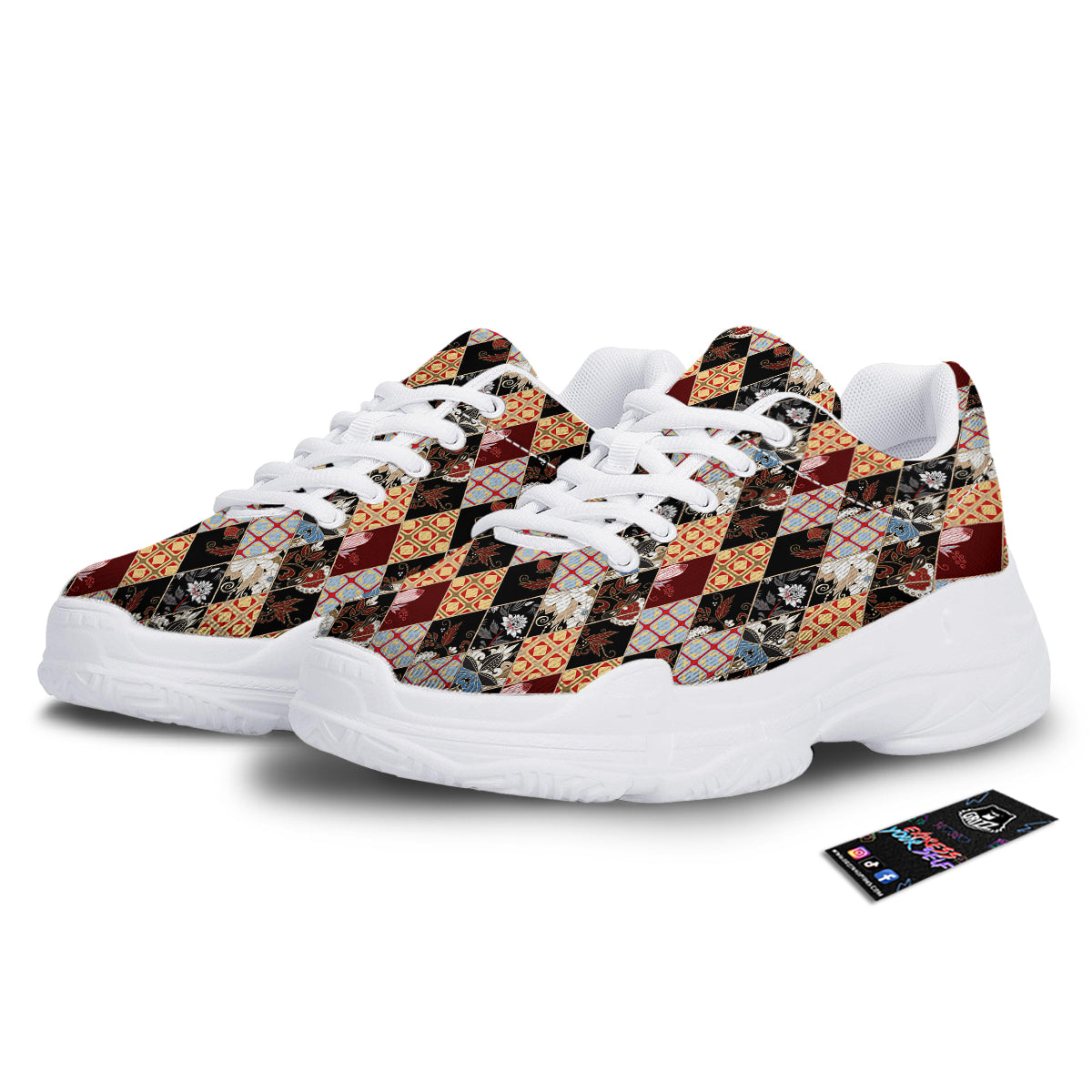 Abstract Patchwork Floral Print Pattern White Chunky Shoes-grizzshop