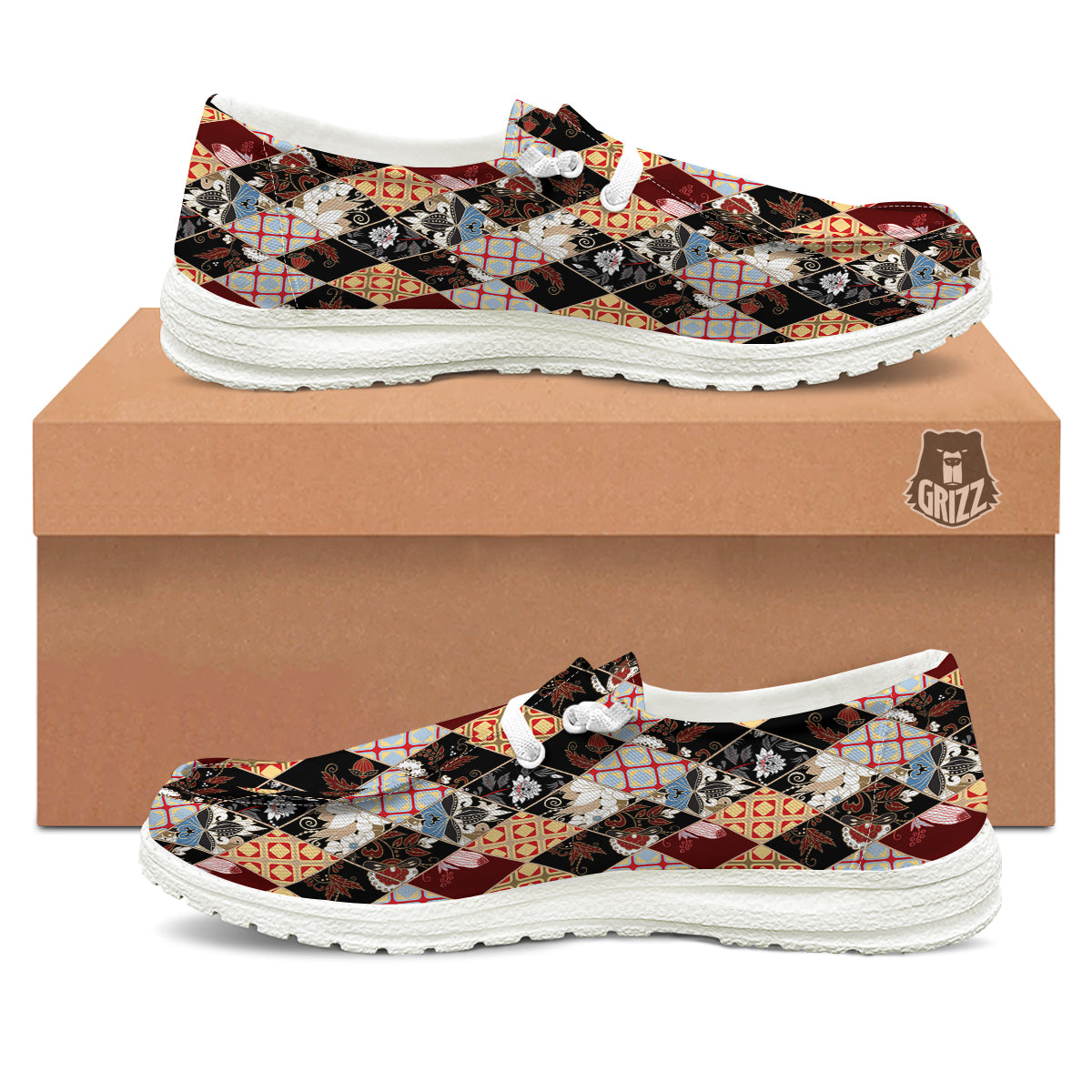 Abstract Patchwork Floral Print Pattern White Loafers-grizzshop