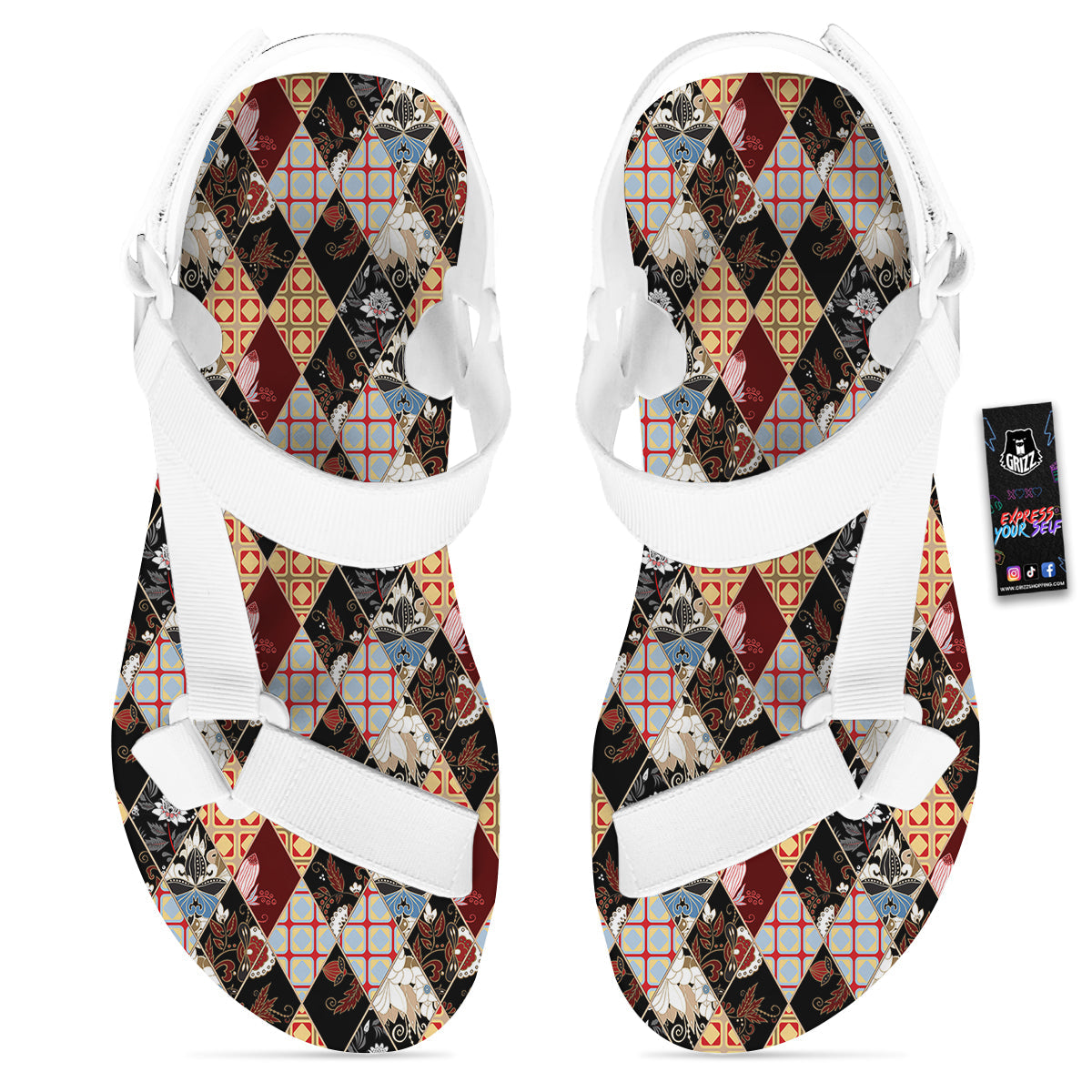 Abstract Patchwork Floral Print Pattern White Open Toe Sandals-grizzshop