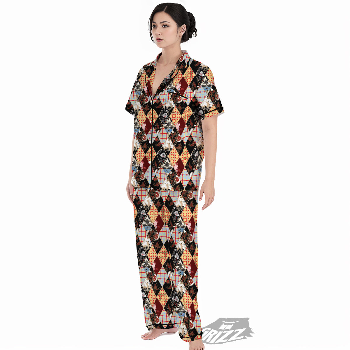 Abstract Patchwork Floral Print Pattern Women's Pajamas Set-grizzshop
