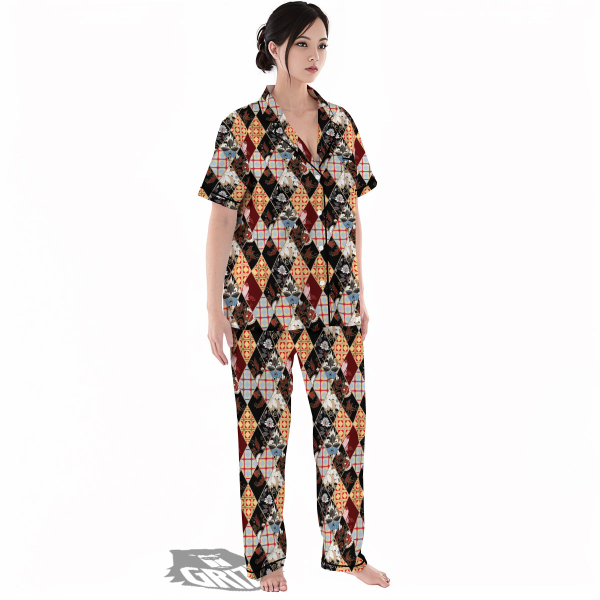 Abstract Patchwork Floral Print Pattern Women's Pajamas Set-grizzshop