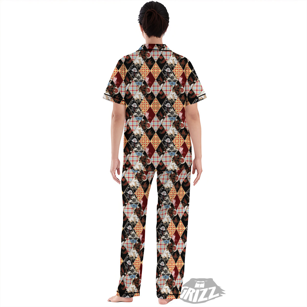 Abstract Patchwork Floral Print Pattern Women's Pajamas Set-grizzshop