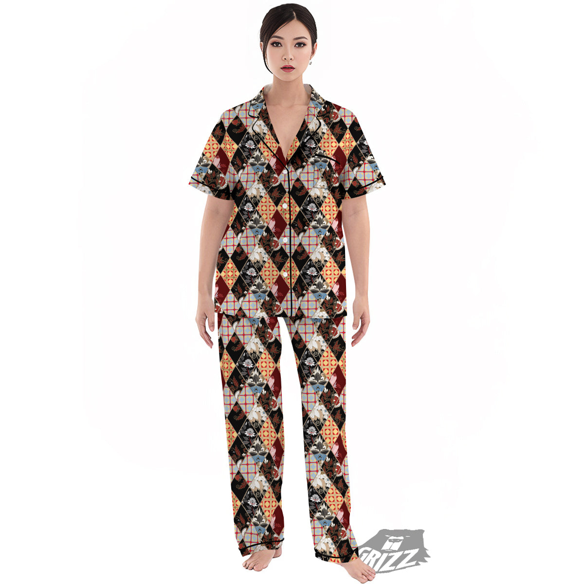 Abstract Patchwork Floral Print Pattern Women's Pajamas Set-grizzshop