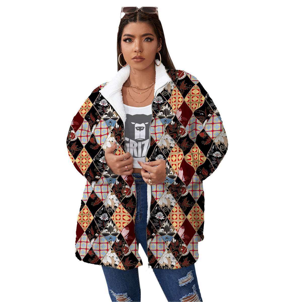 Abstract Patchwork Floral Print Pattern Women's Sherpa Jacket-grizzshop