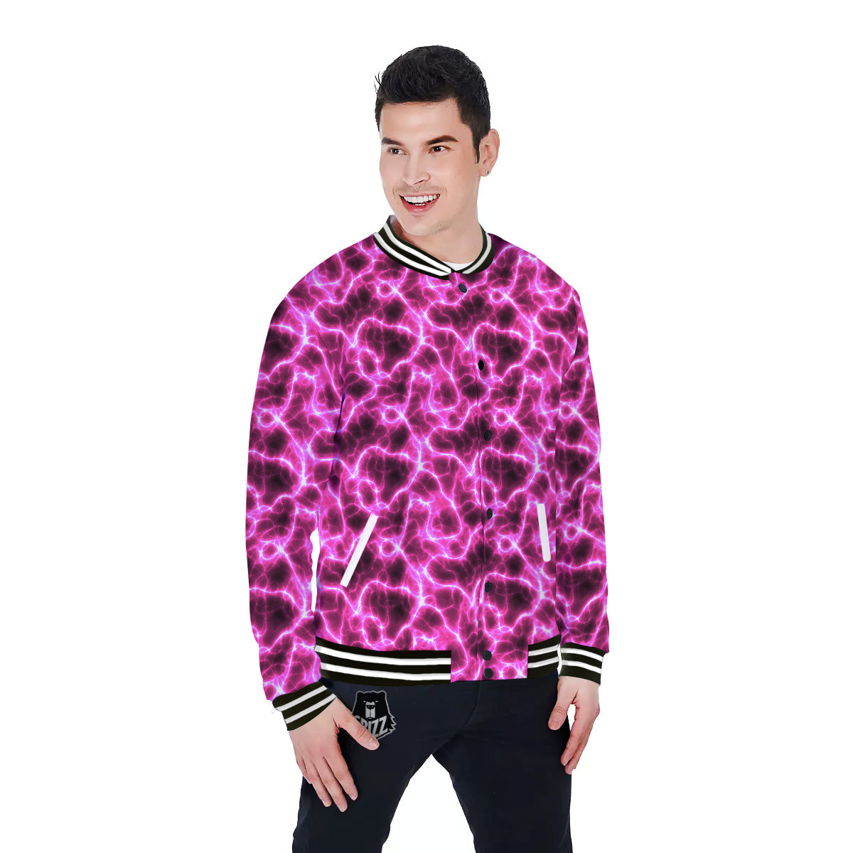 Abstract Pink Electrical Sparks Print Pattern Baseball Jacket-grizzshop