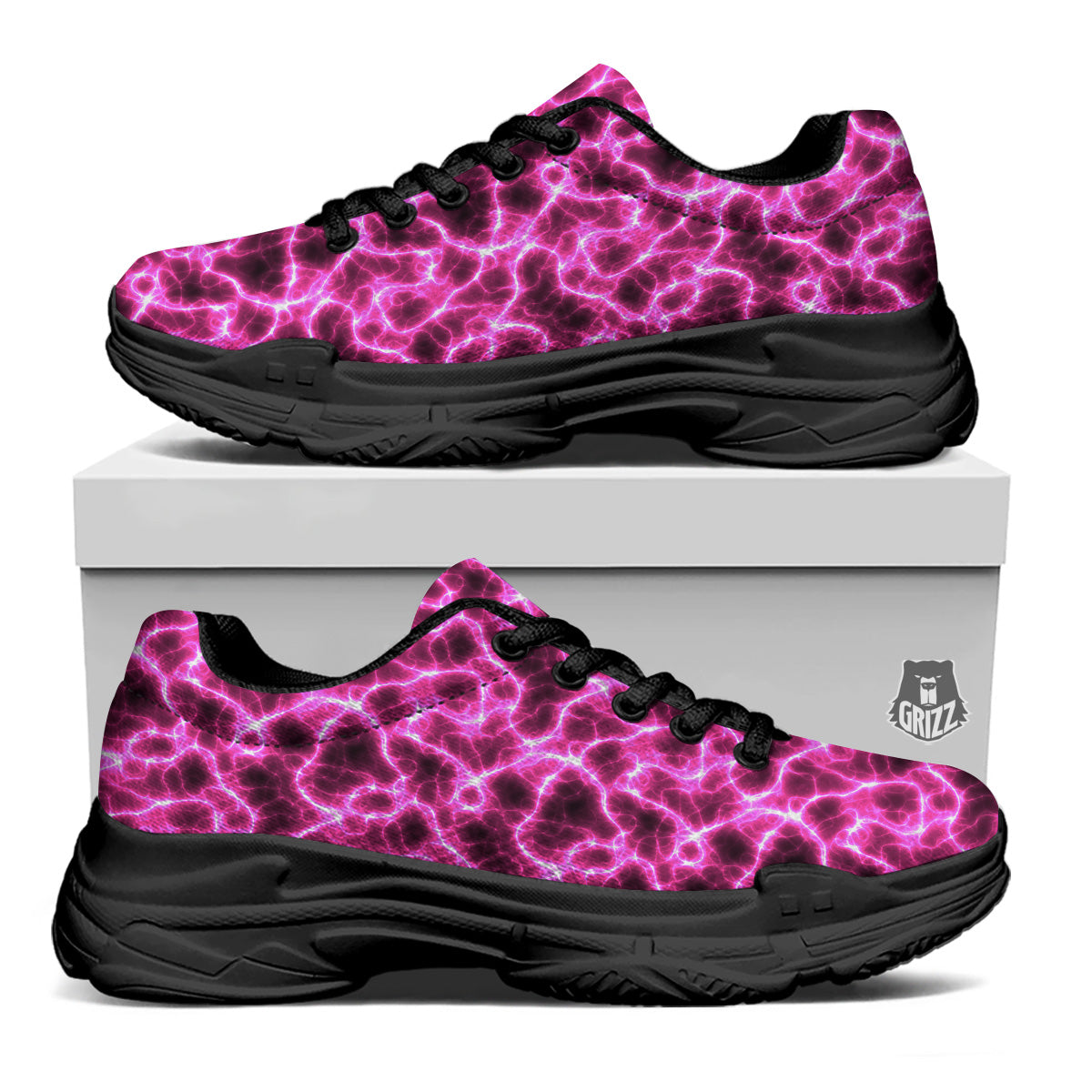 Abstract Pink Electrical Sparks Print Pattern Black Chunky Shoes-grizzshop