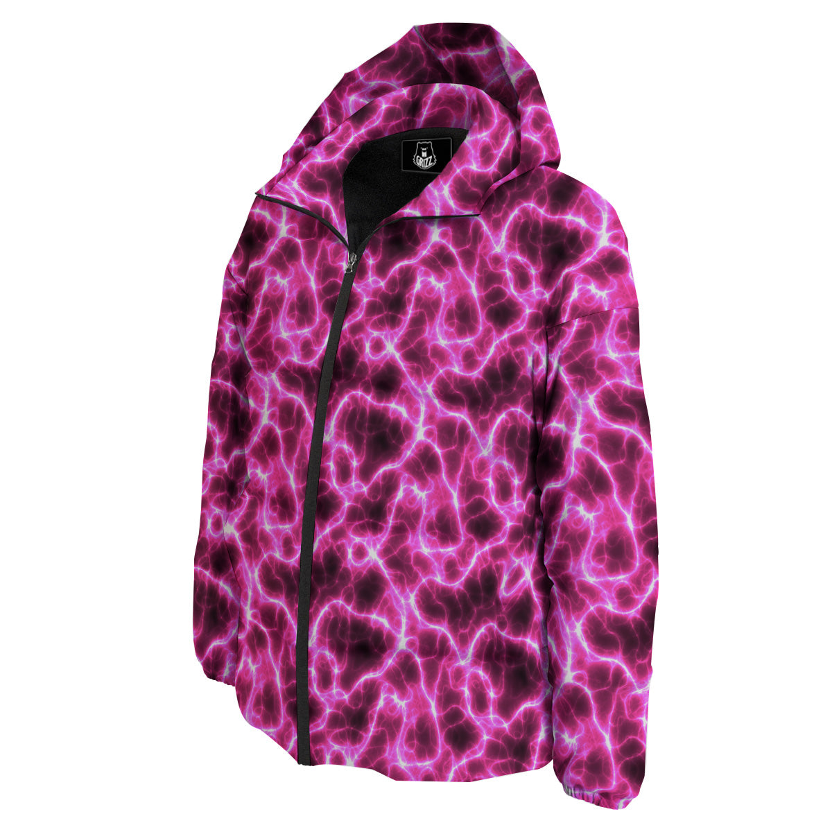 Abstract Pink Electrical Sparks Print Pattern Down Jacket-grizzshop