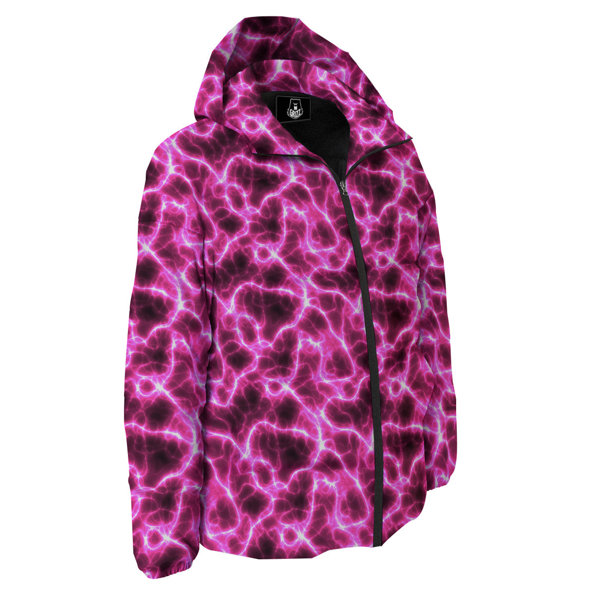 Abstract Pink Electrical Sparks Print Pattern Down Jacket-grizzshop