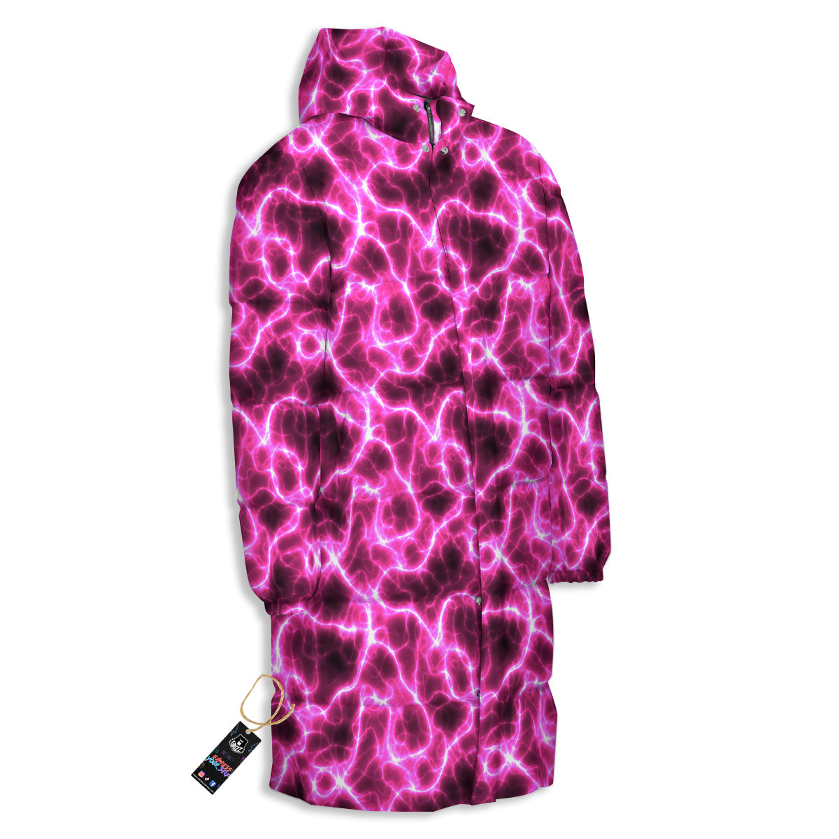 Abstract Pink Electrical Sparks Print Pattern Long Down Jacket-grizzshop
