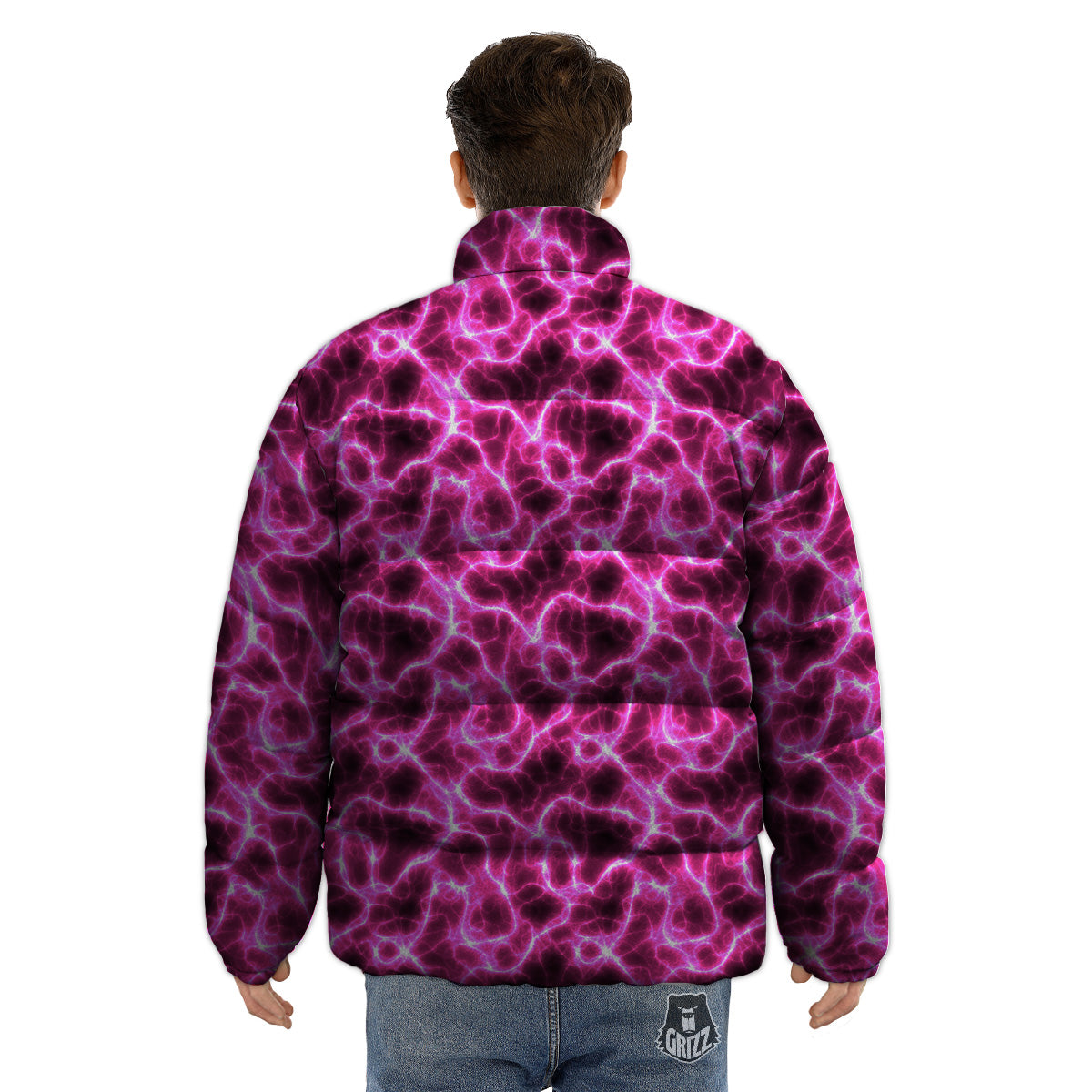 Abstract Pink Electrical Sparks Print Pattern Puffer Jacket-grizzshop