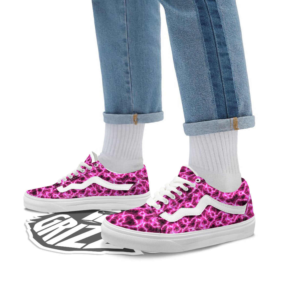 Abstract Pink Electrical Sparks Print Pattern Skate Shoes-grizzshop