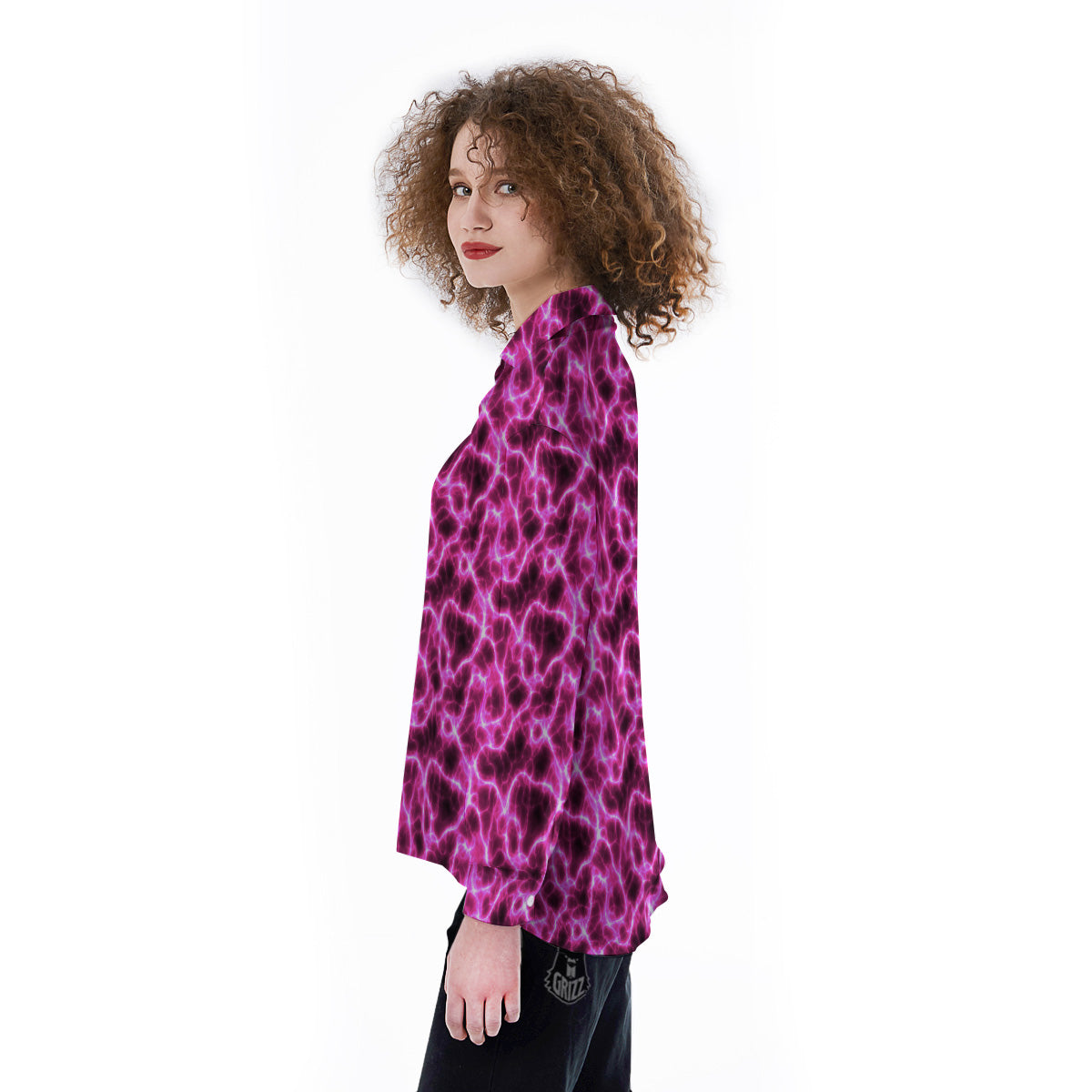 Abstract Pink Electrical Sparks Print Pattern Women's Long Sleeve Shirts-grizzshop
