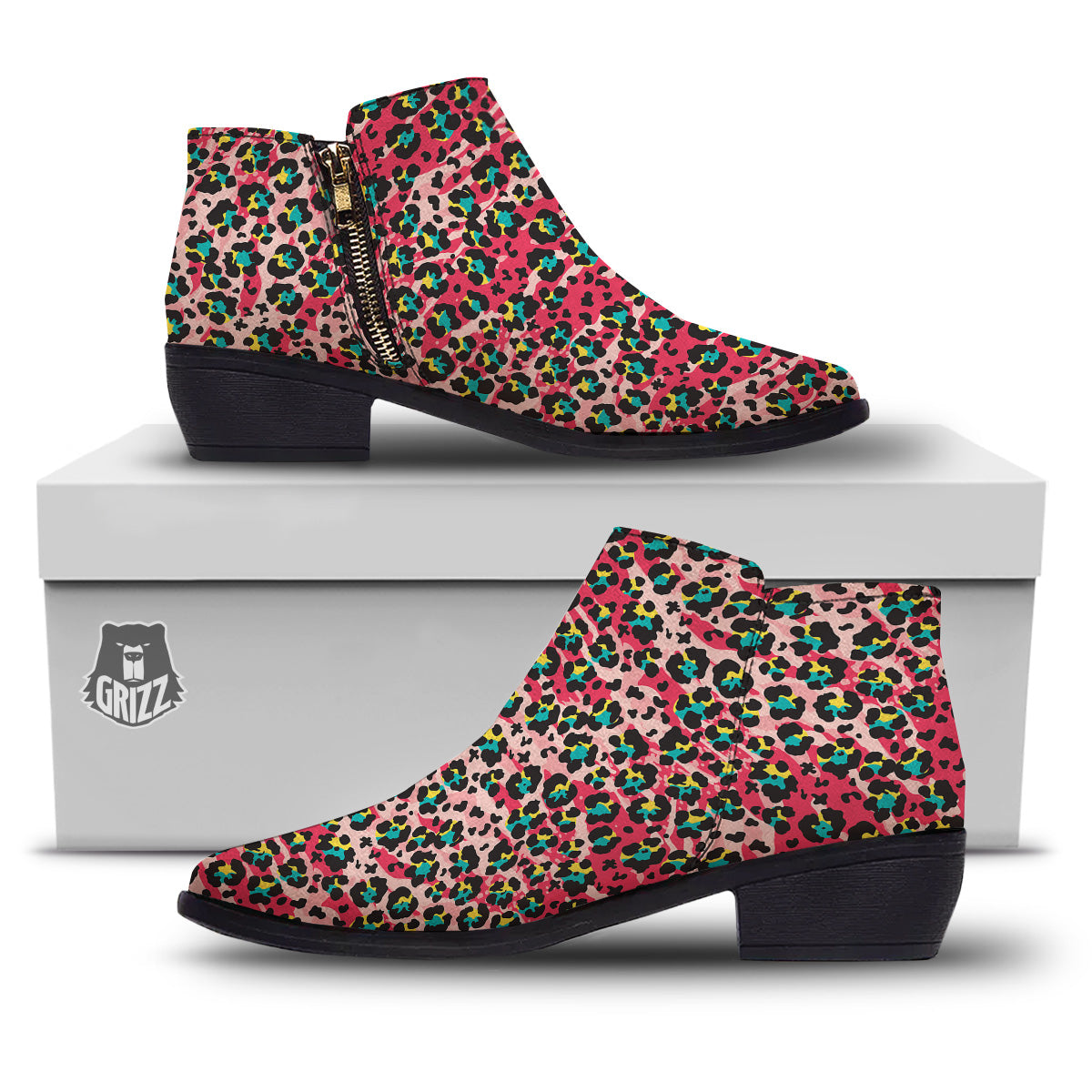 Abstract Pink Leopard Skin Print Pattern Ankle Boots-grizzshop