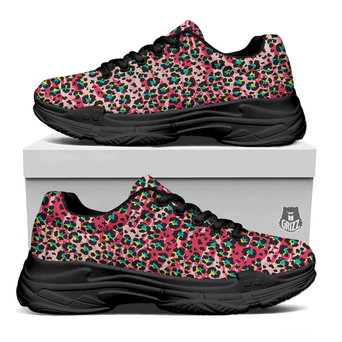 Abstract Pink Leopard Skin Print Pattern Black Chunky Shoes-grizzshop