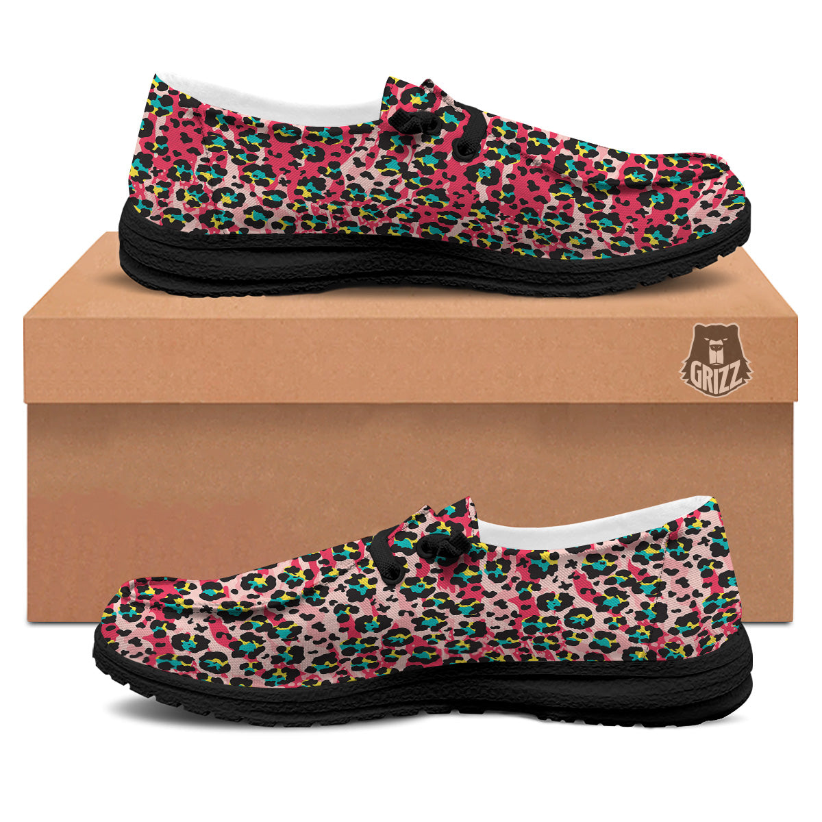 Abstract Pink Leopard Skin Print Pattern Black Loafers-grizzshop