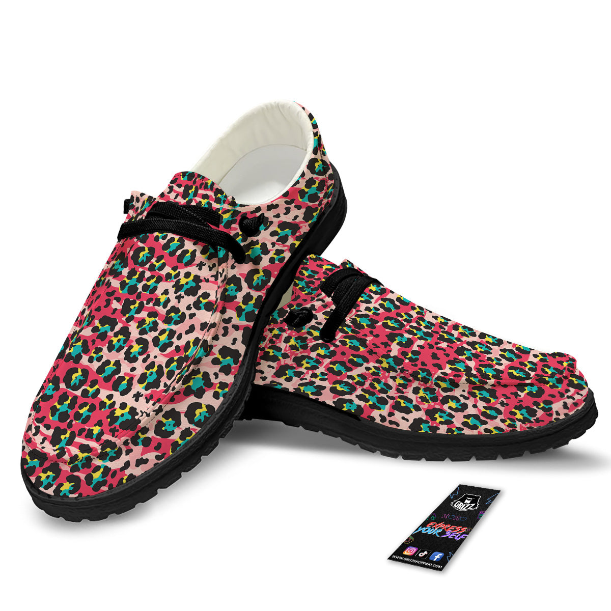 Abstract Pink Leopard Skin Print Pattern Black Loafers-grizzshop