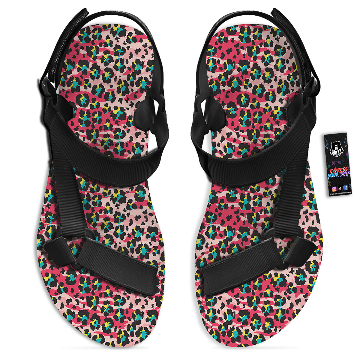 Abstract Pink Leopard Skin Print Pattern Black Open Toe Sandals-grizzshop