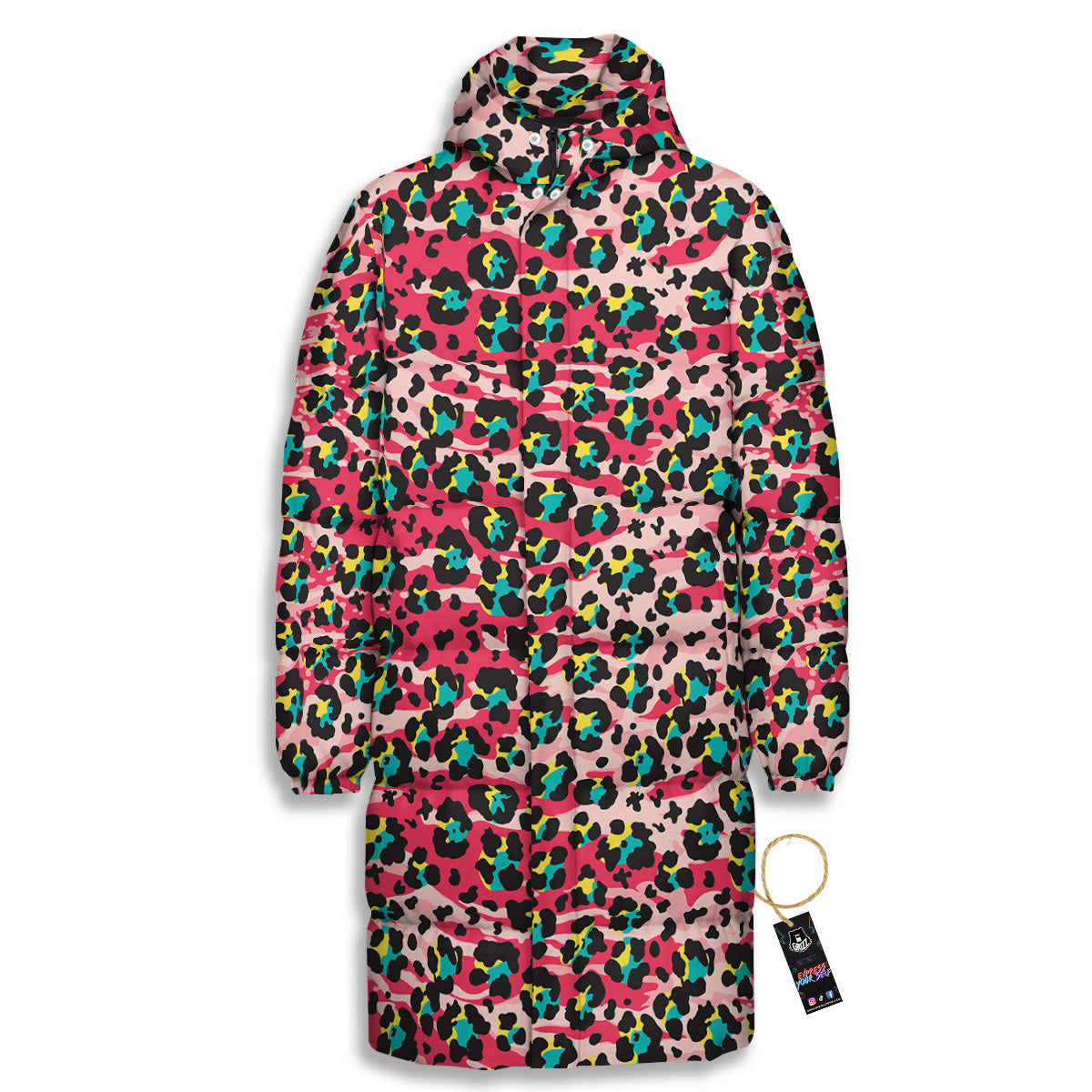 Abstract Pink Leopard Skin Print Pattern Long Down Jacket-grizzshop