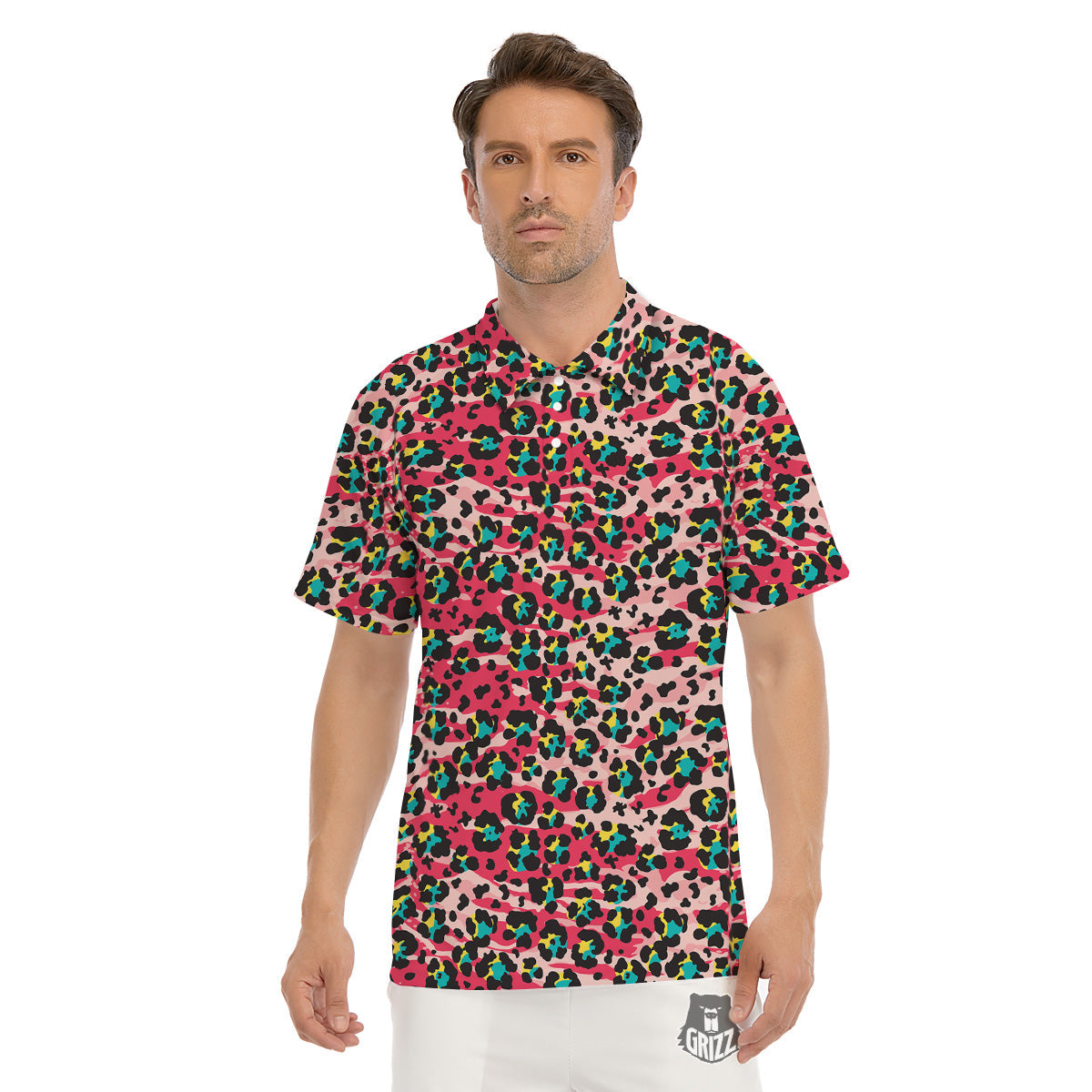 Abstract Pink Leopard Skin Print Pattern Men's Golf Shirts-grizzshop