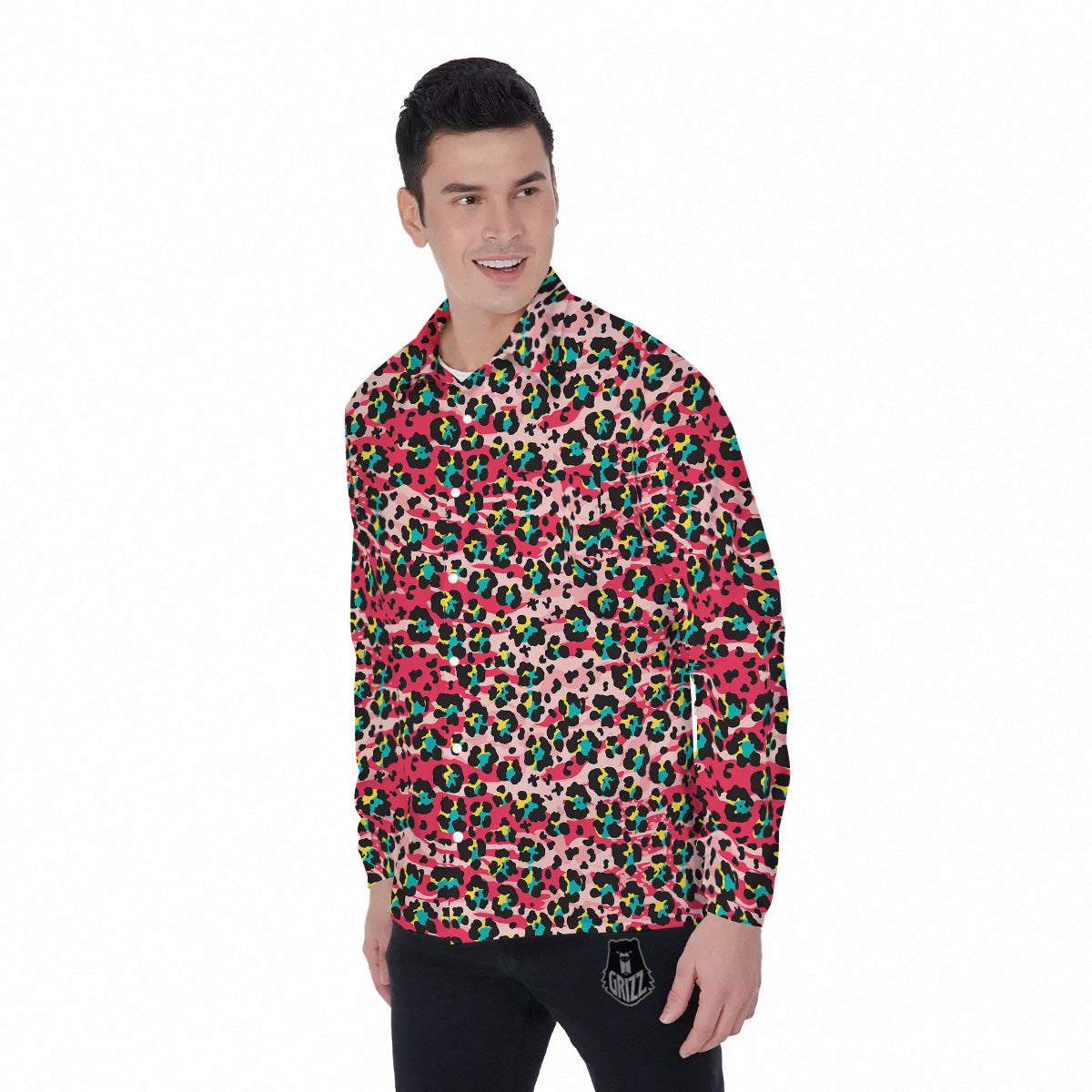 Abstract Pink Leopard Skin Print Pattern Men's Long Sleeve Shirts-grizzshop