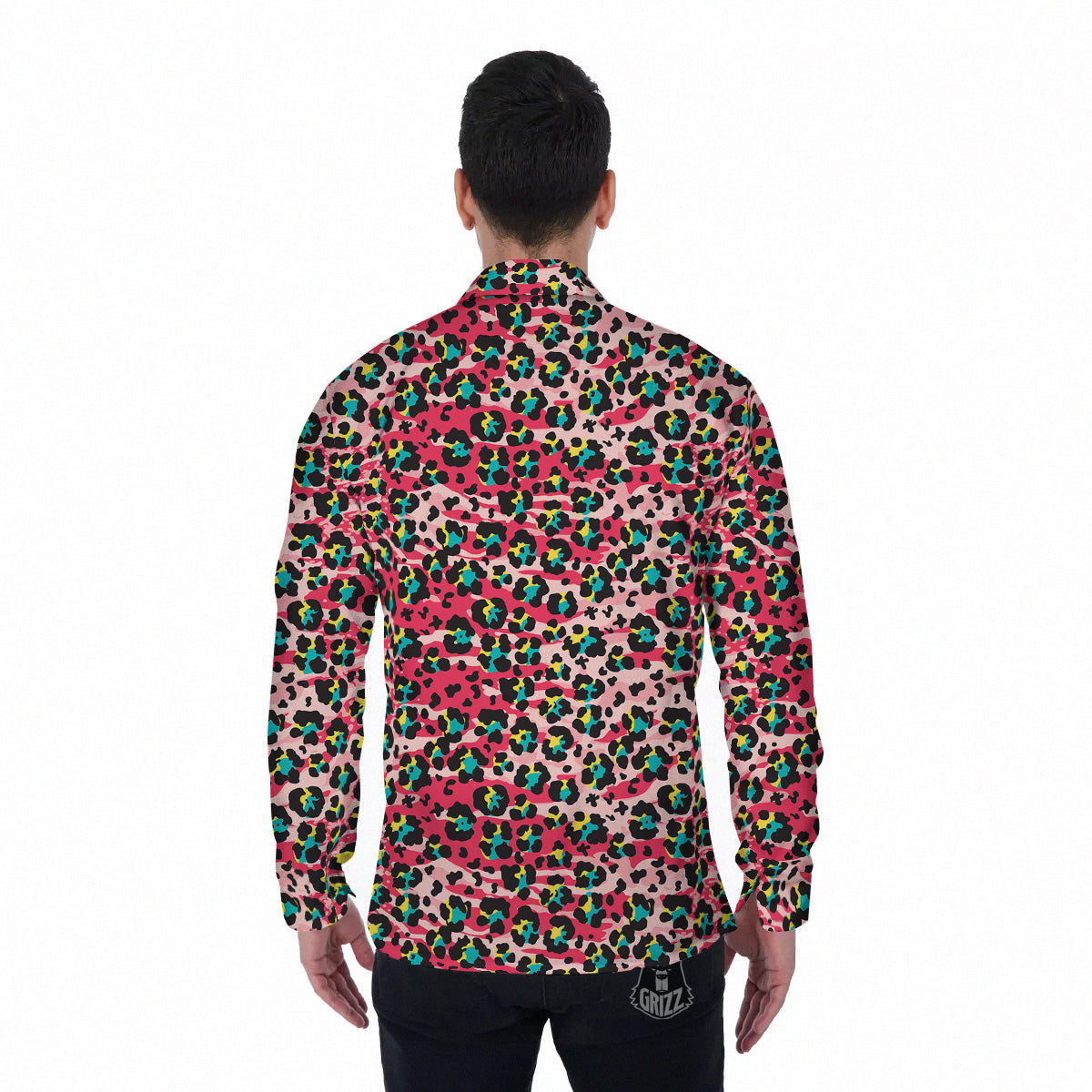 Abstract Pink Leopard Skin Print Pattern Men's Long Sleeve Shirts-grizzshop