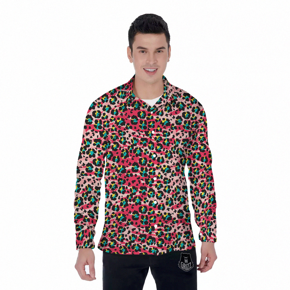 Abstract Pink Leopard Skin Print Pattern Men's Long Sleeve Shirts-grizzshop