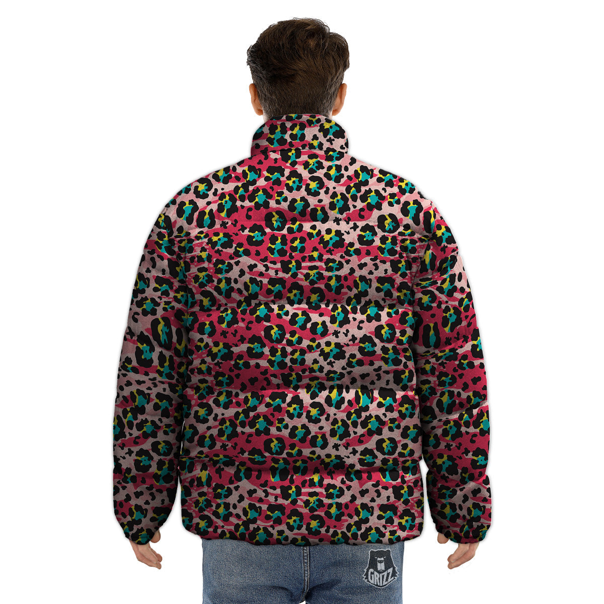 Abstract Pink Leopard Skin Print Pattern Puffer Jacket-grizzshop