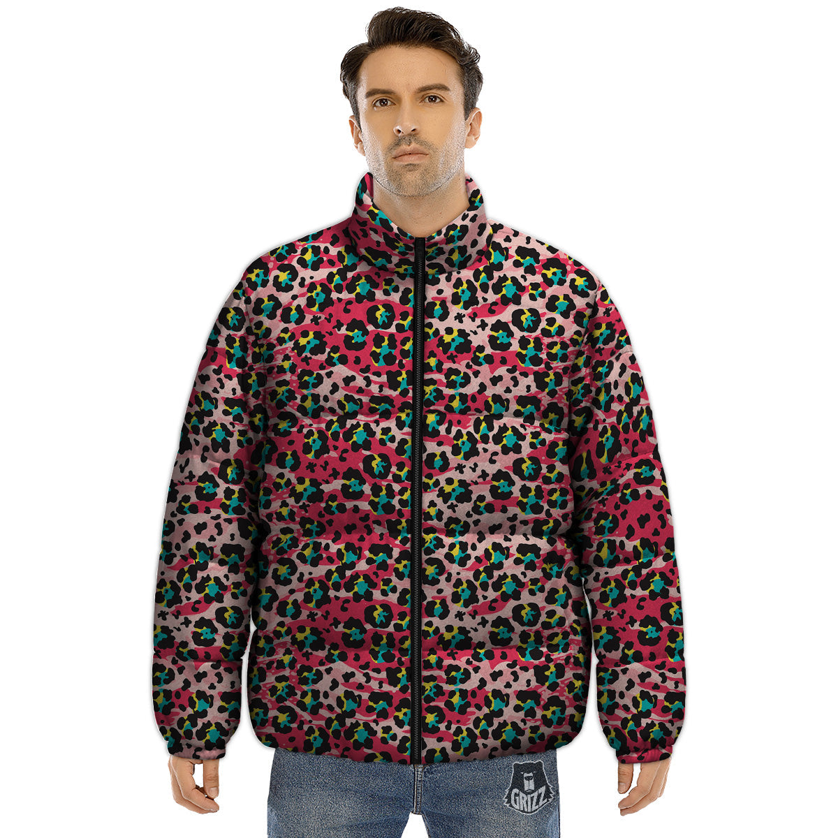 Abstract Pink Leopard Skin Print Pattern Puffer Jacket-grizzshop