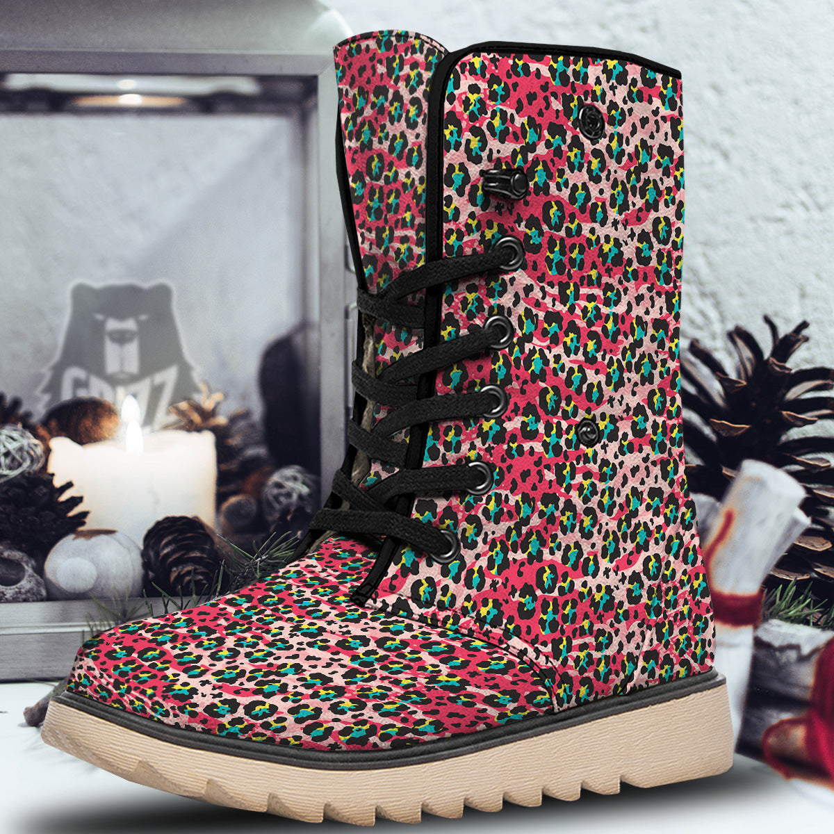 Abstract Pink Leopard Skin Print Pattern Snow Boots-grizzshop