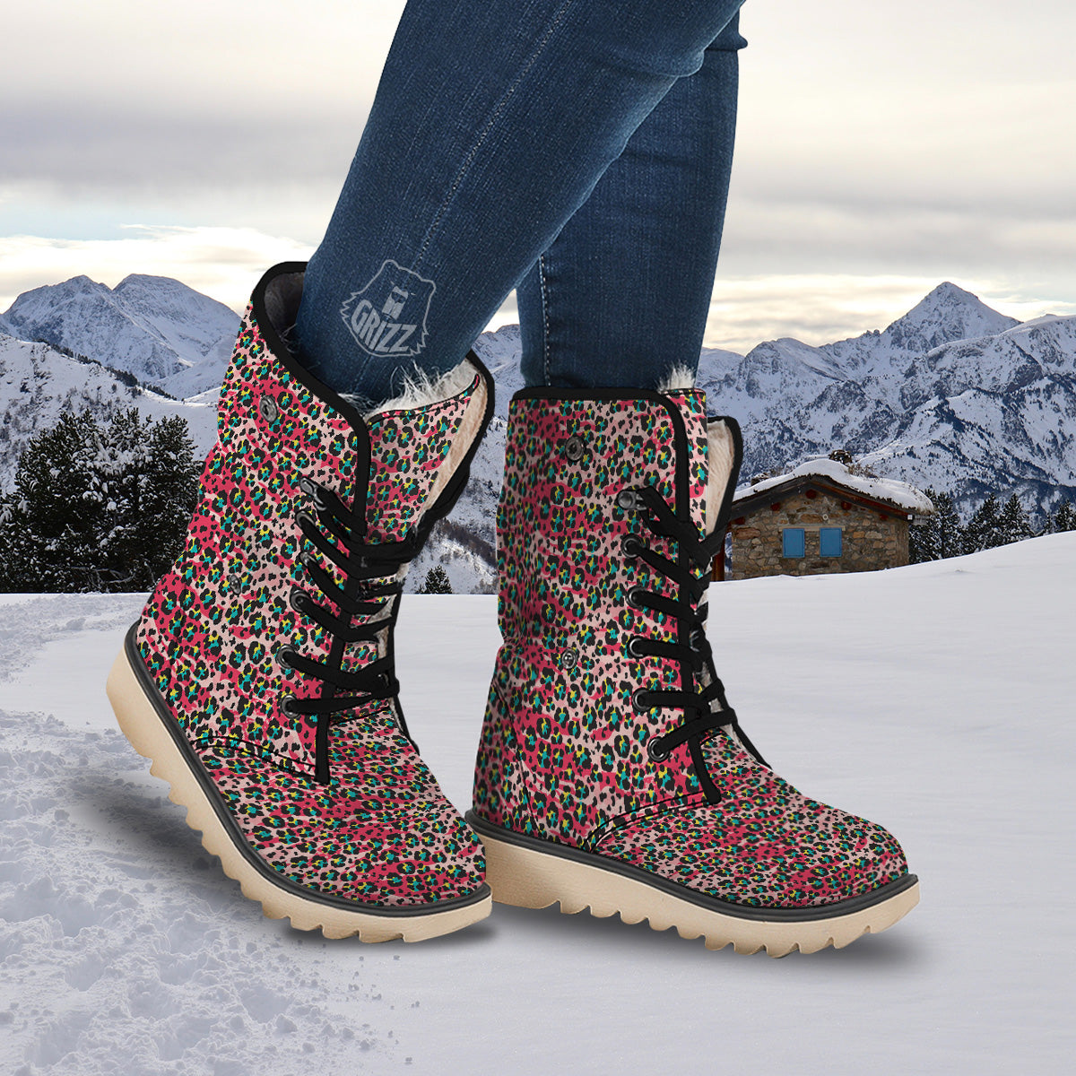 Abstract Pink Leopard Skin Print Pattern Snow Boots-grizzshop