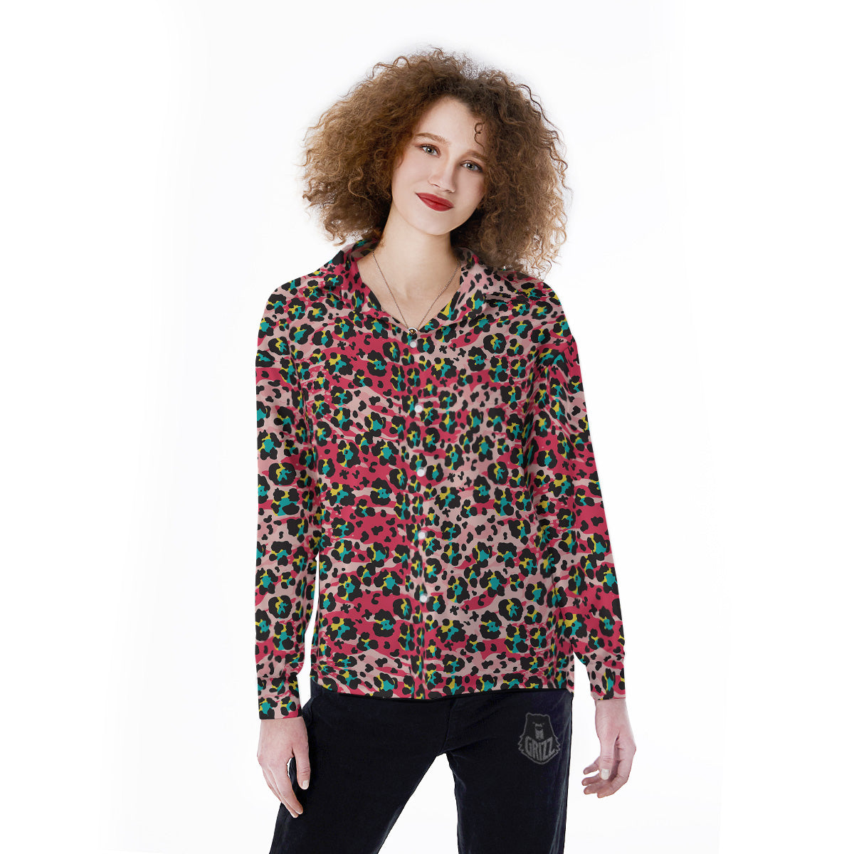 Abstract Pink Leopard Skin Print Pattern Women's Long Sleeve Shirts-grizzshop