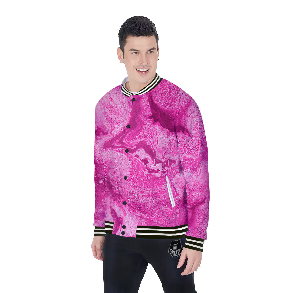 Abstract Pink Marble Print Baseball Jacket-grizzshop