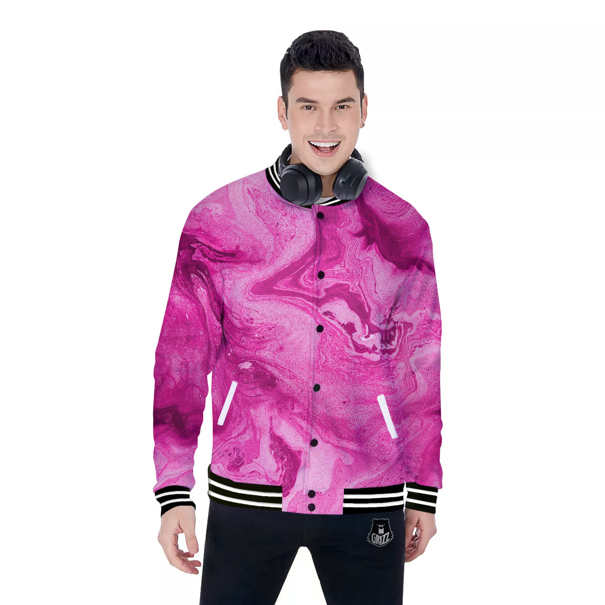 Abstract Pink Marble Print Baseball Jacket-grizzshop