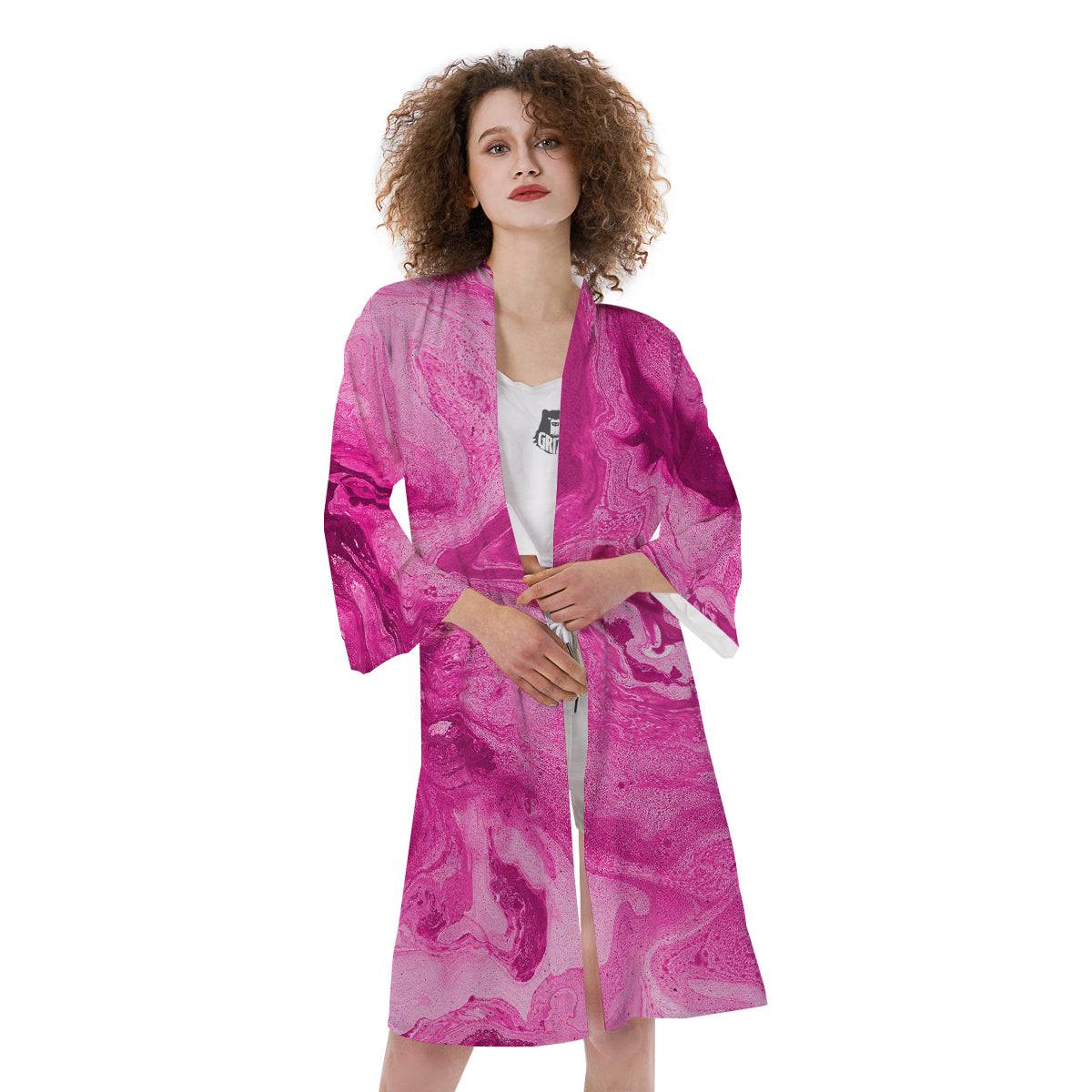 Abstract Pink Marble Print Kimono-grizzshop
