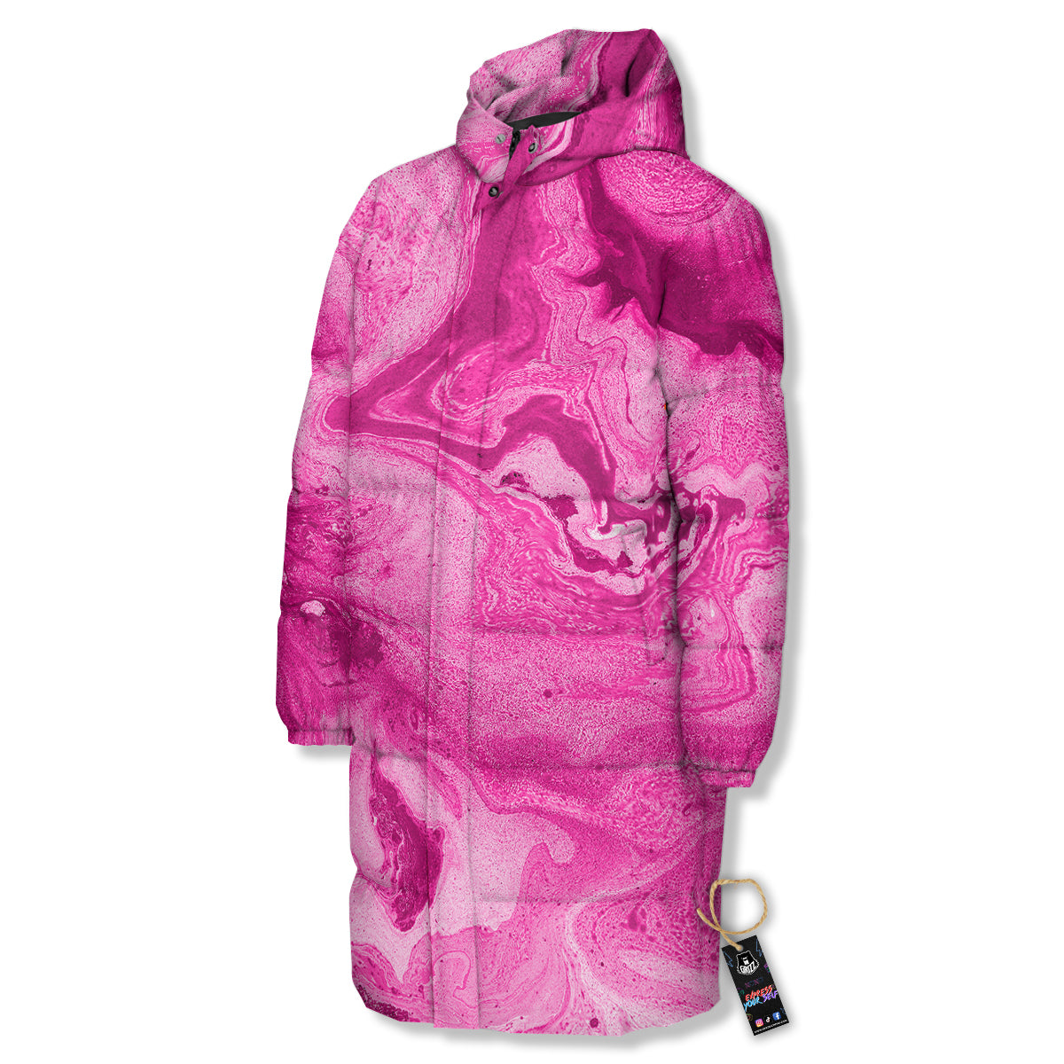 Abstract Pink Marble Print Long Down Jacket-grizzshop