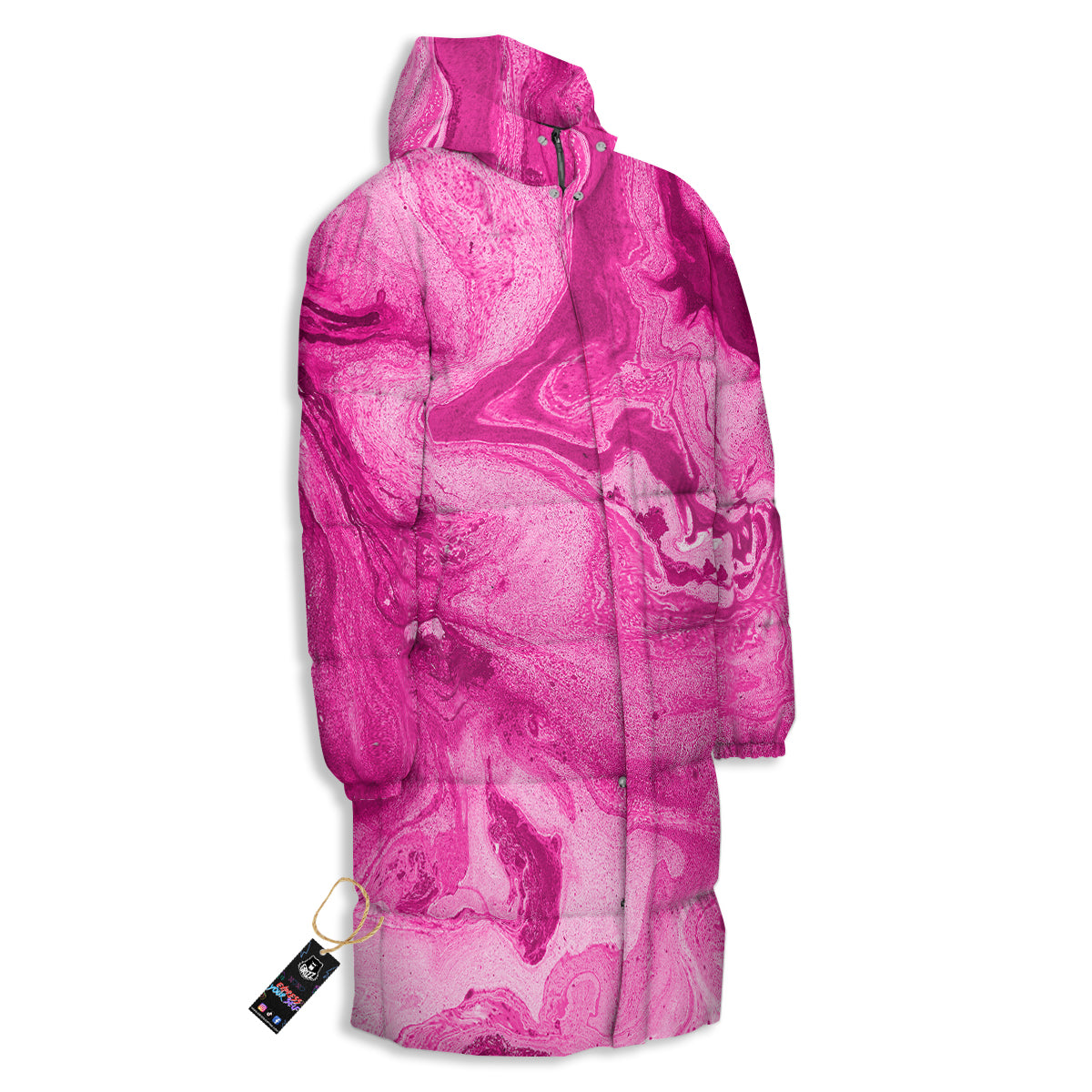 Abstract Pink Marble Print Long Down Jacket-grizzshop
