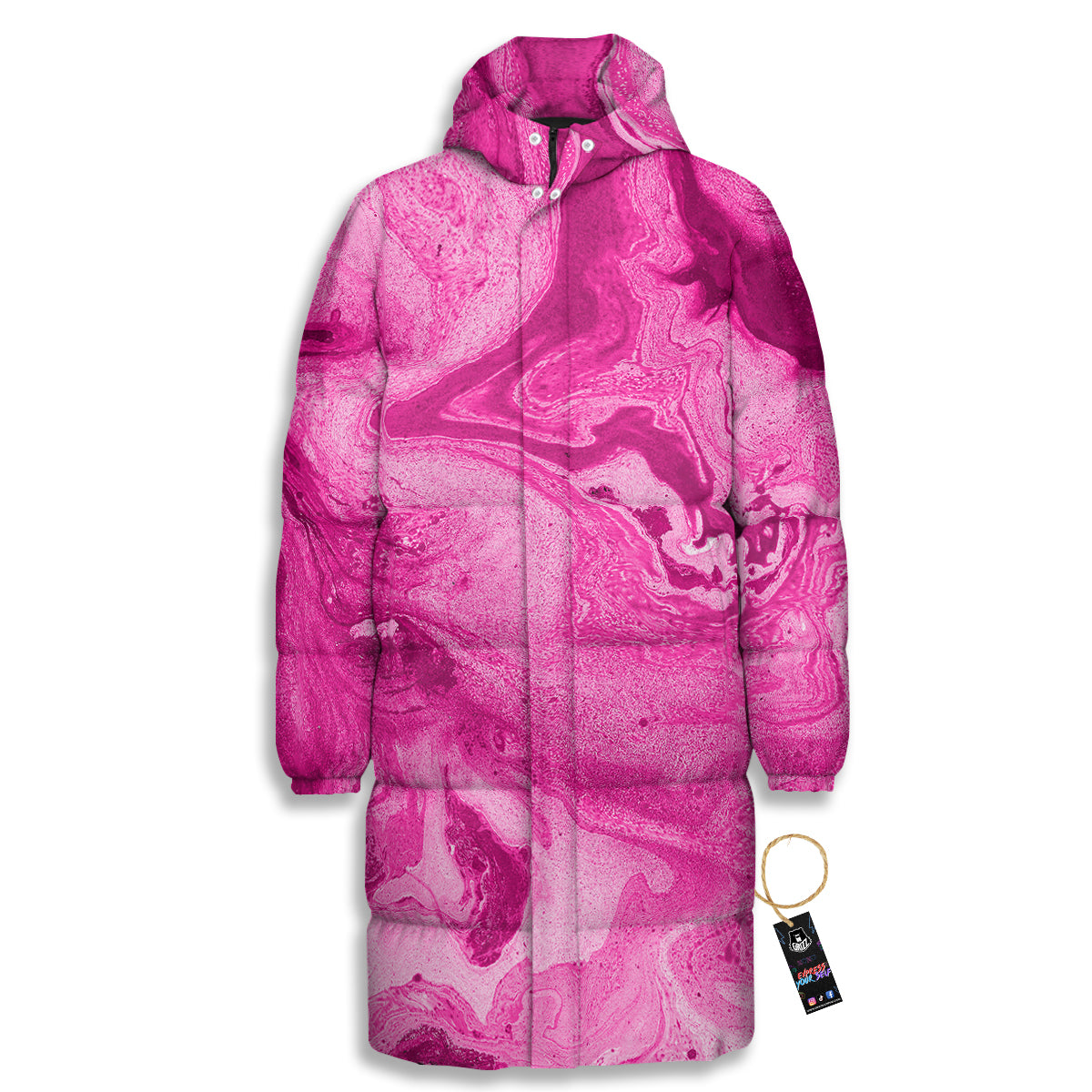 Abstract Pink Marble Print Long Down Jacket-grizzshop
