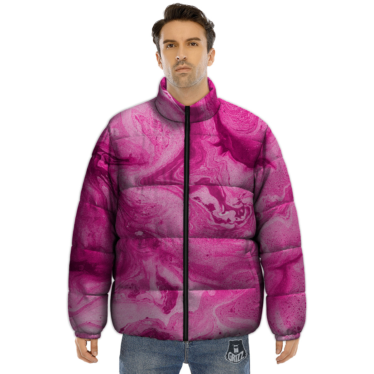Abstract Pink Marble Print Puffer Jacket-grizzshop