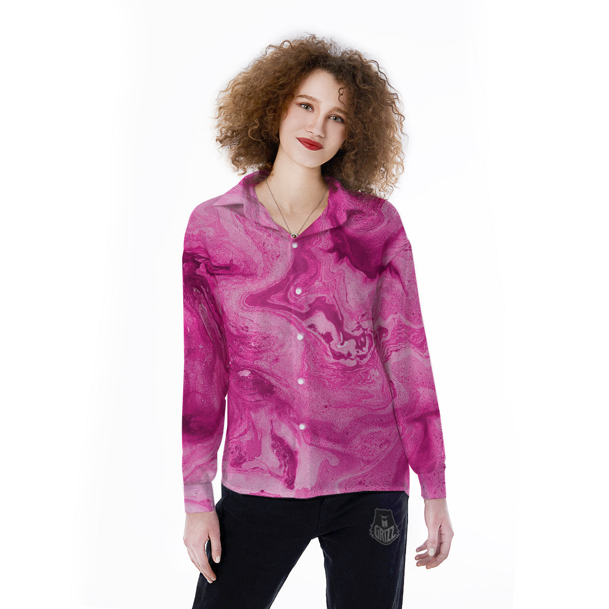 Abstract Pink Marble Print Women's Long Sleeve Shirts-grizzshop