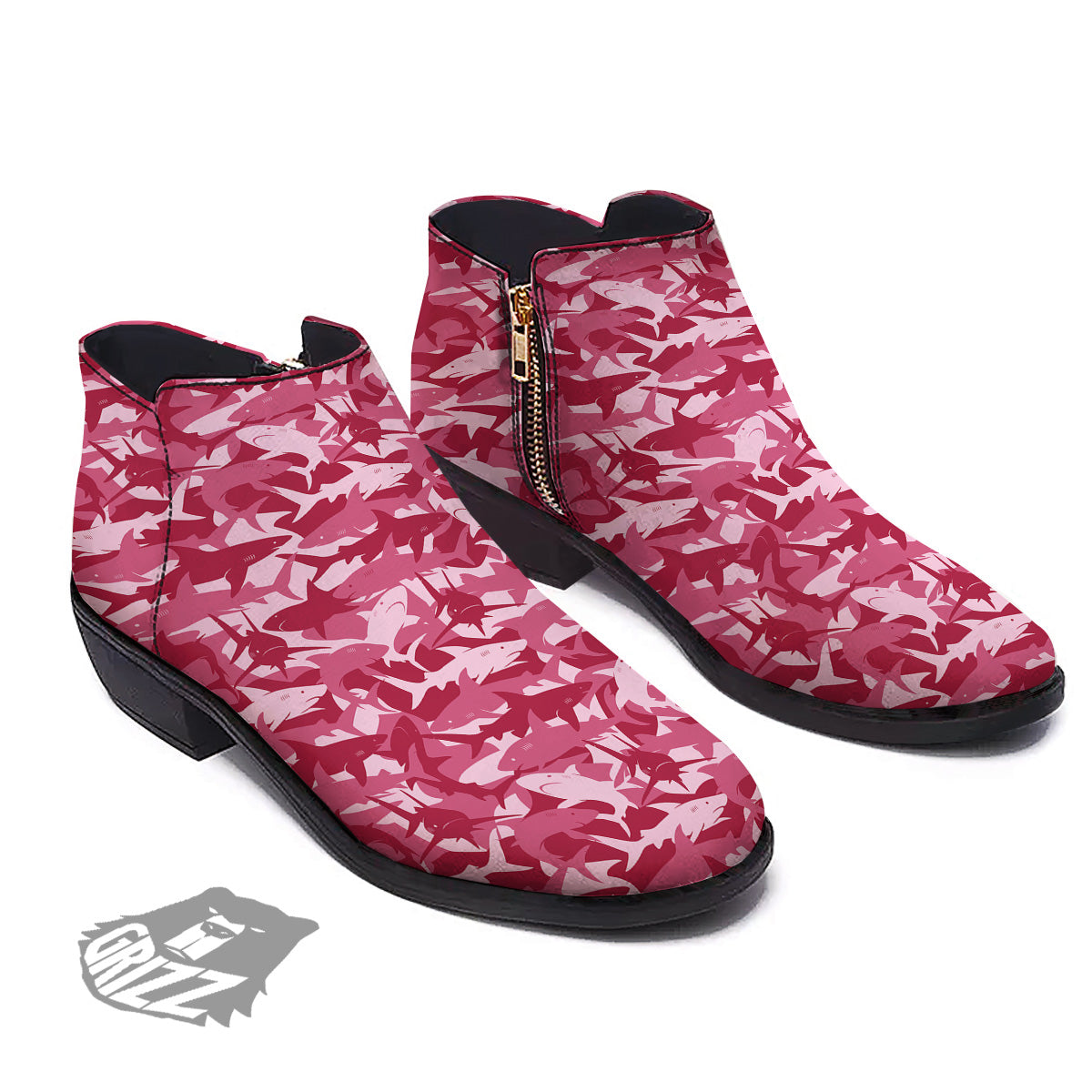 Abstract Pink Shark Camo Print Pattern Ankle Boots-grizzshop