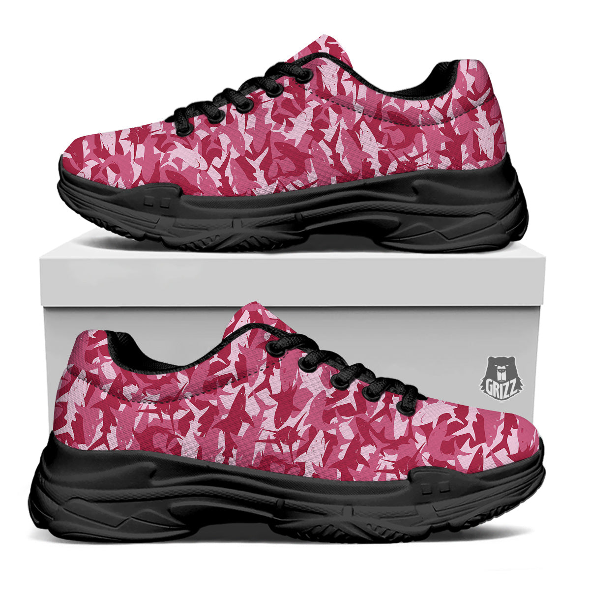 Abstract Pink Shark Camo Print Pattern Black Chunky Shoes-grizzshop