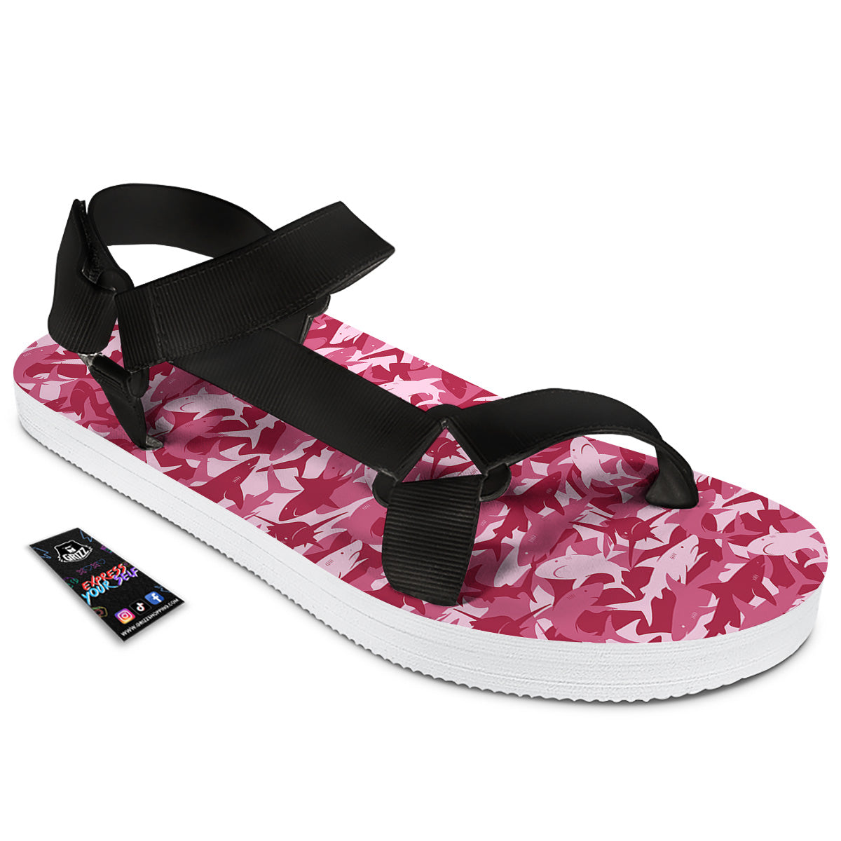 Abstract Pink Shark Camo Print Pattern Black Open Toe Sandals-grizzshop